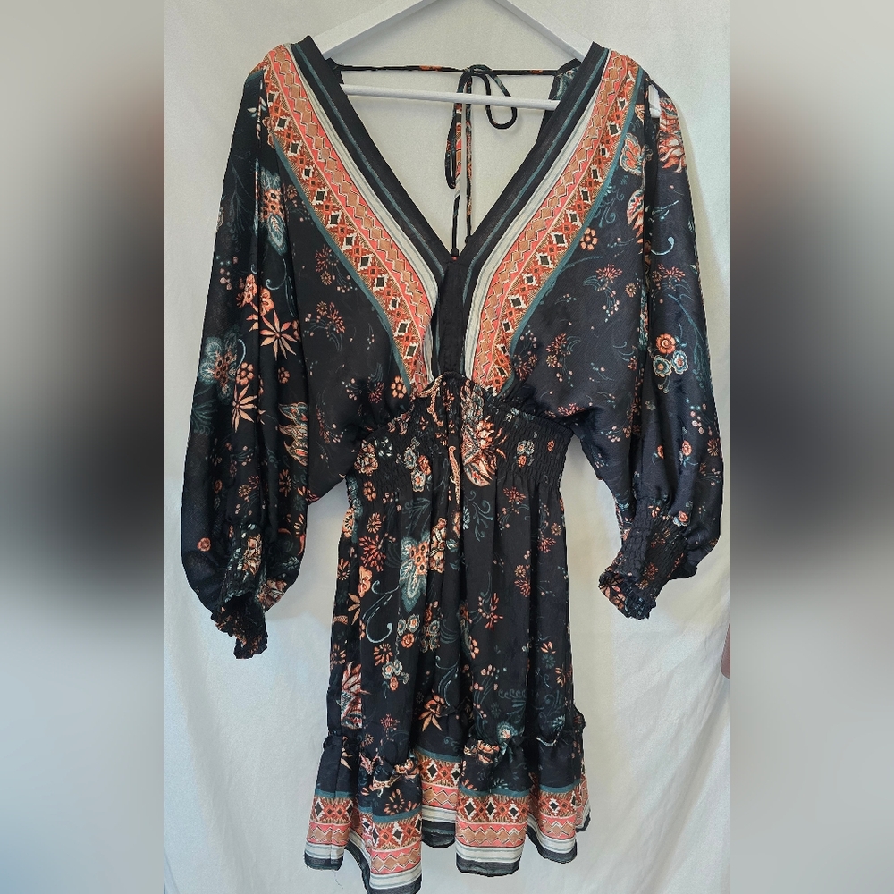 lovestitch Black Mini Dress Festival V-neck Long Sleeve Boho Sz Small Medium